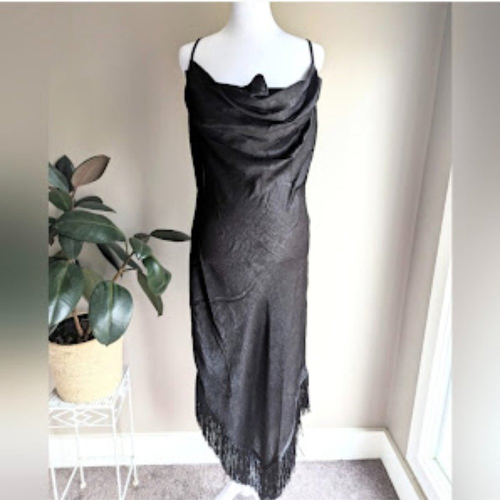 NWOT Hirty/Thirty midi black backless fringe trim midi dress XL large